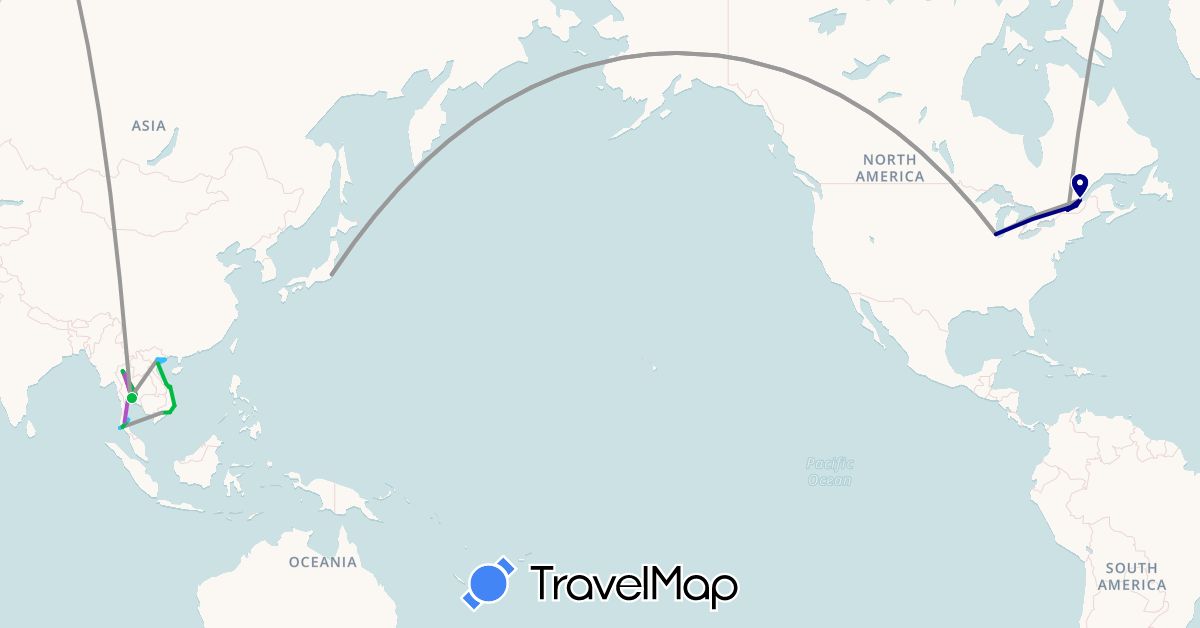 TravelMap itinerary: driving, bus, plane, train, boat in Canada, Japan, Thailand, United States, Vietnam (Asia, North America)
